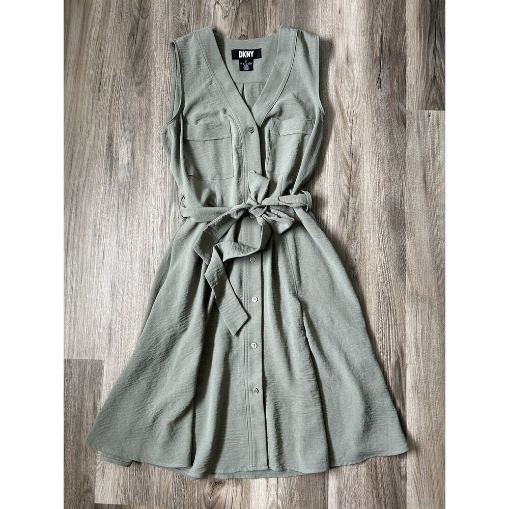 DKNY Olive Green Utility Belted Shirt Dress Size 2 V-Neck Sleeveless Pockets